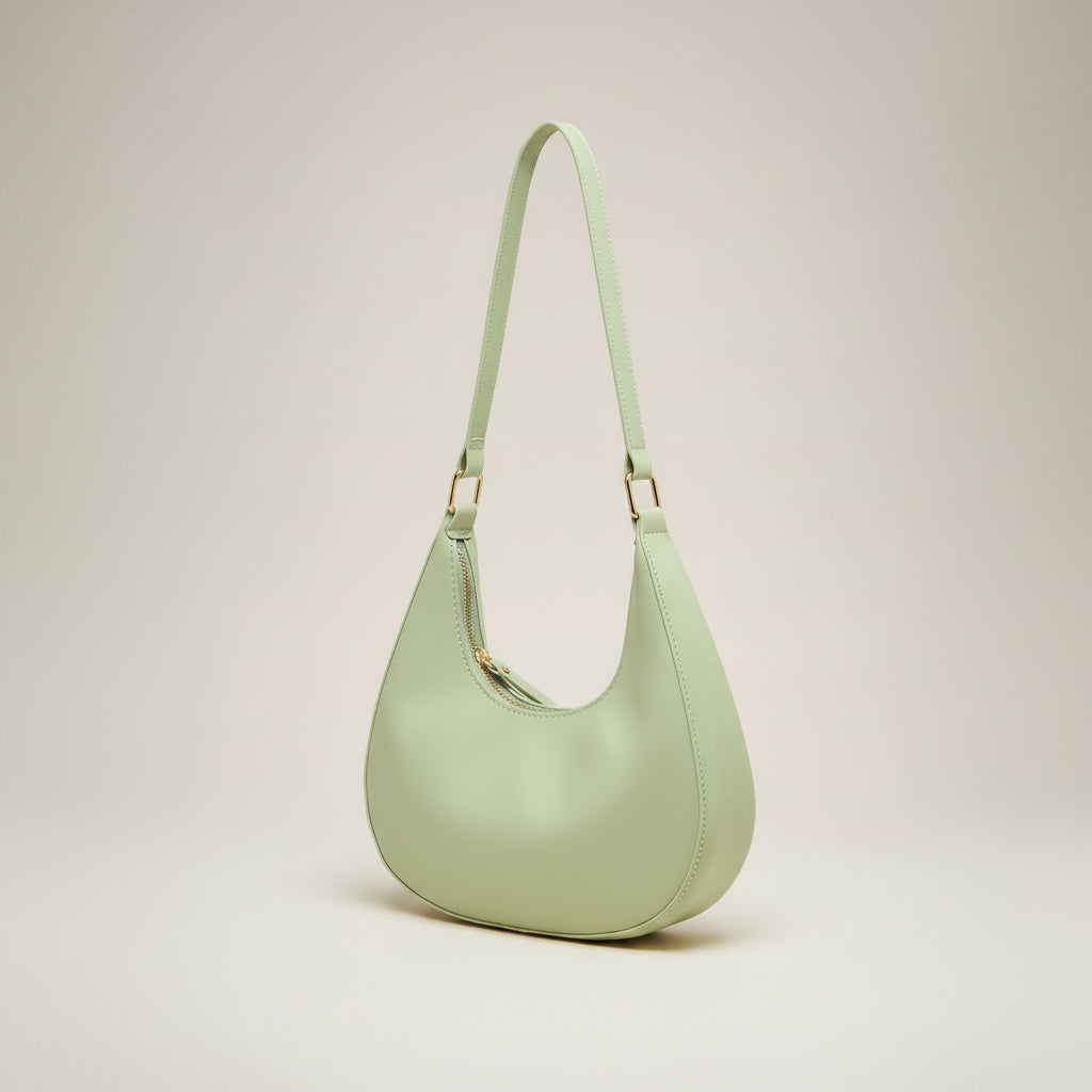 Light green handbag with a strap on a white background